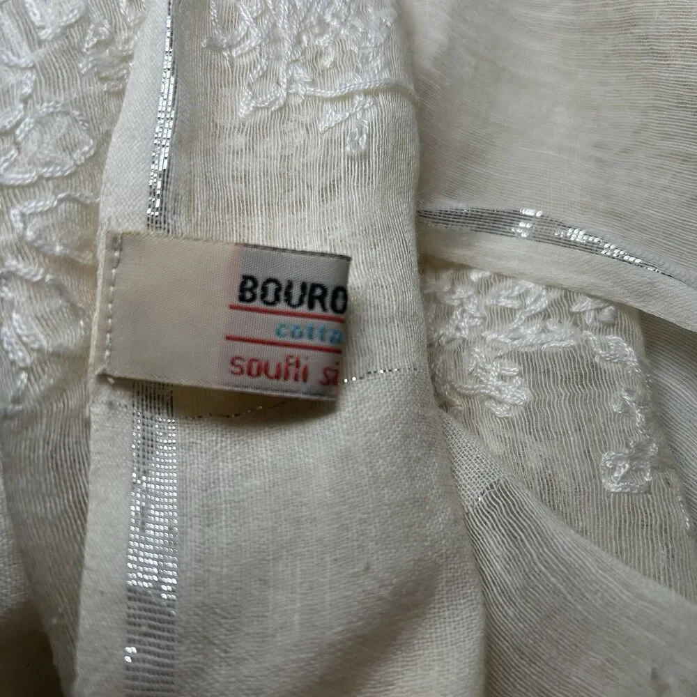 Bouroulitis Cotton and Silk Scarf in Cream, metallic, embroidery, fringe